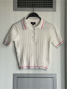 LINE White Cable Knit Polo Short Sleeve Top with Pink & Blue Trim